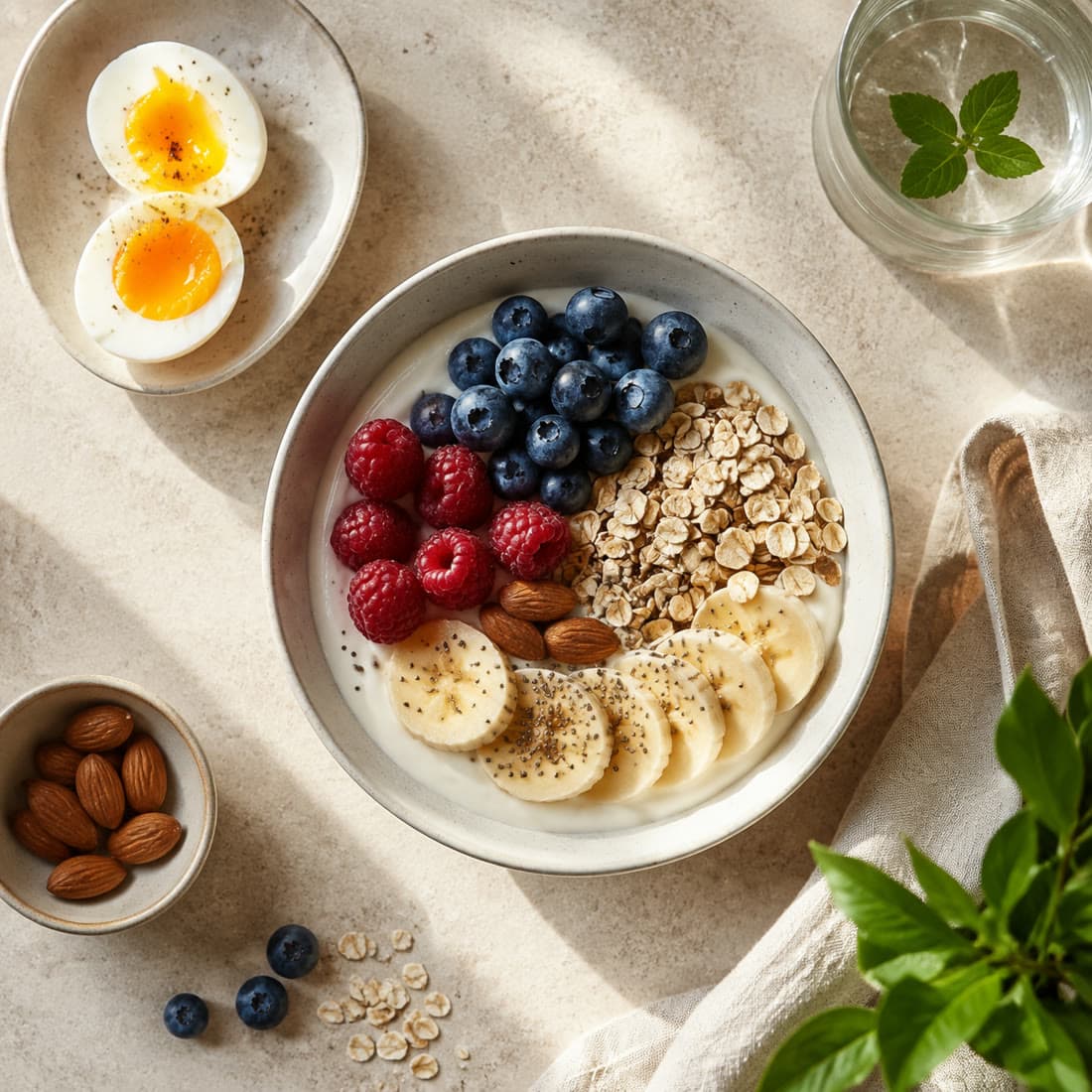 Greek yogurt breakfast bowl with berries, oats, banana, and almonds