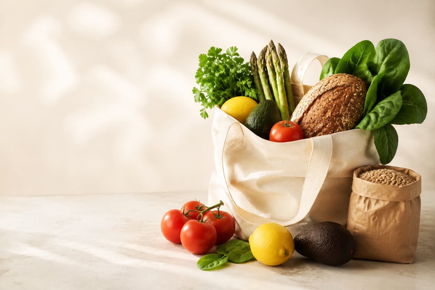 Canvas grocery tote filled with fresh vegetables, bread, and grains