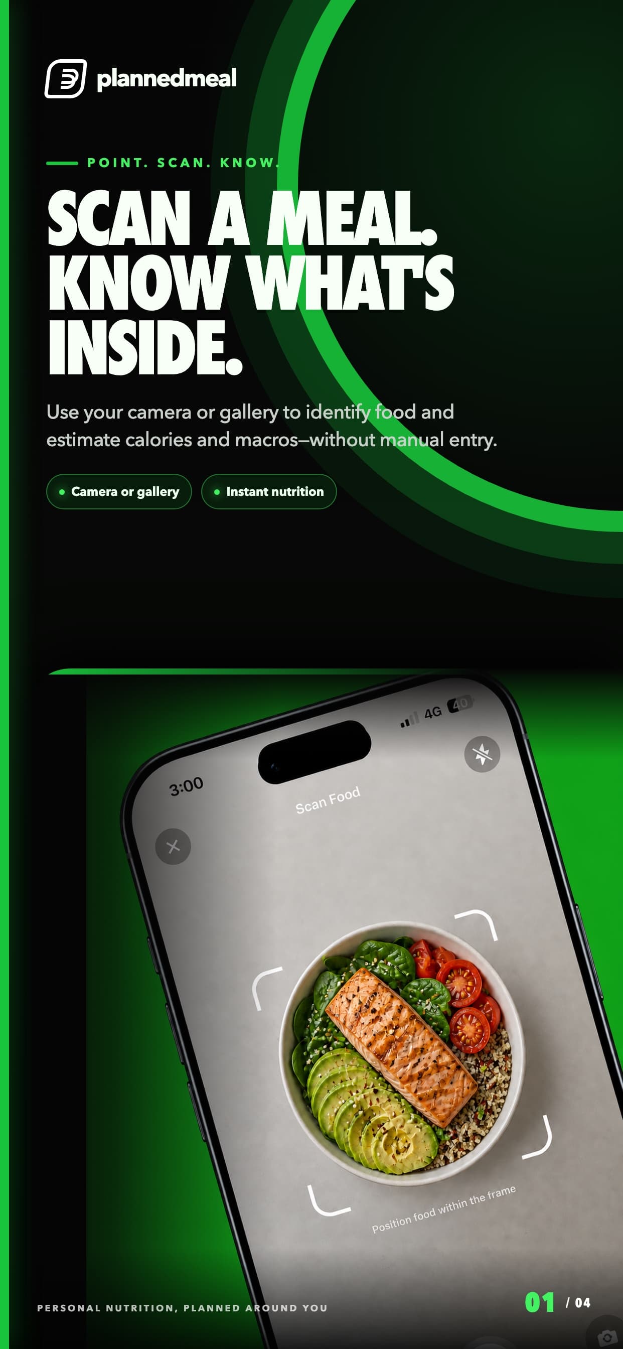 PlannedMeal food scanner identifying a salmon grain bowl