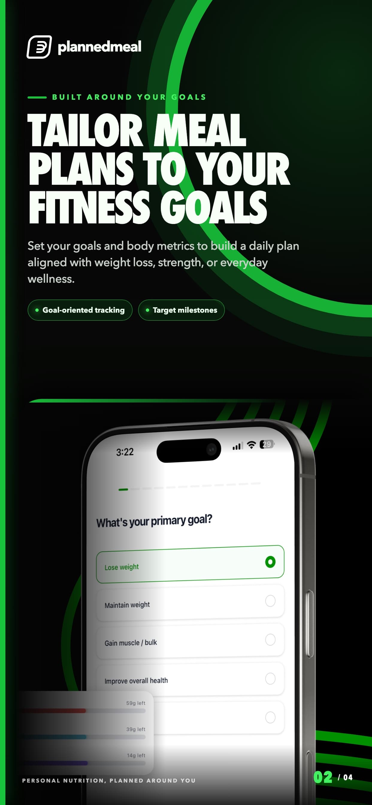 PlannedMeal goal setup and target tracking story