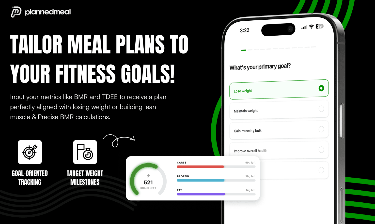 PlannedMeal nutrition goal setup screen