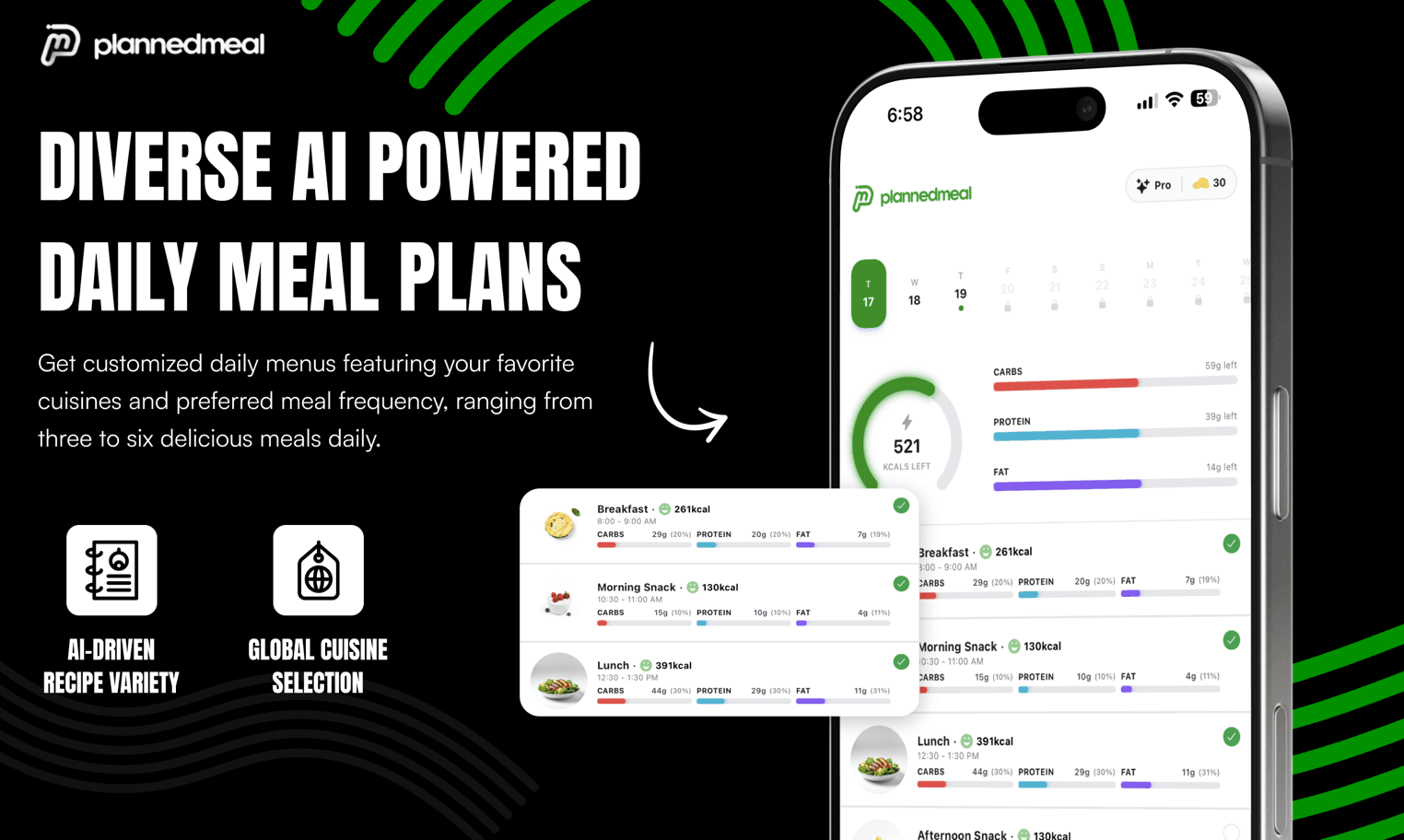 PlannedMeal daily meal plan with calories and macro targets