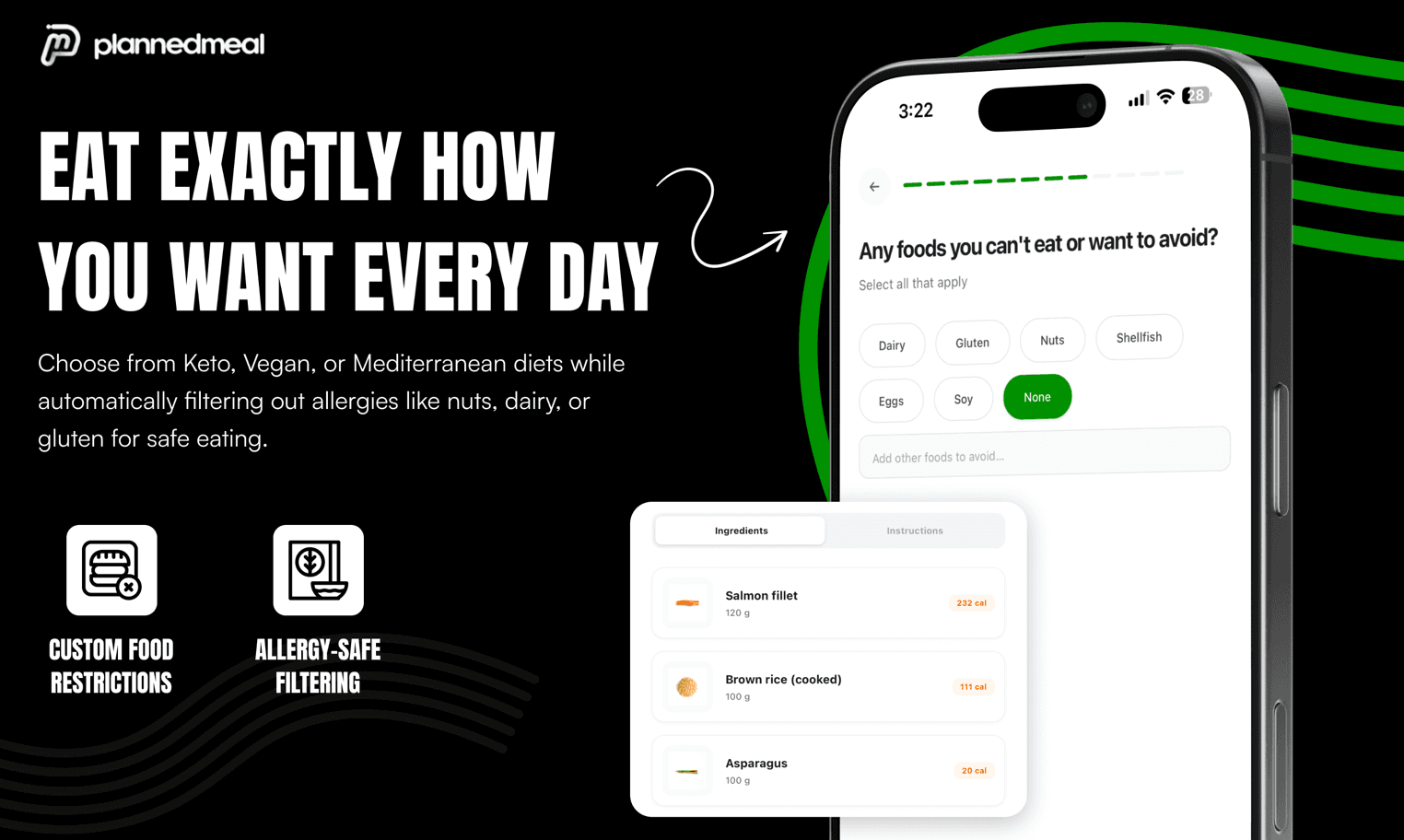 PlannedMeal dietary preference and ingredient screen