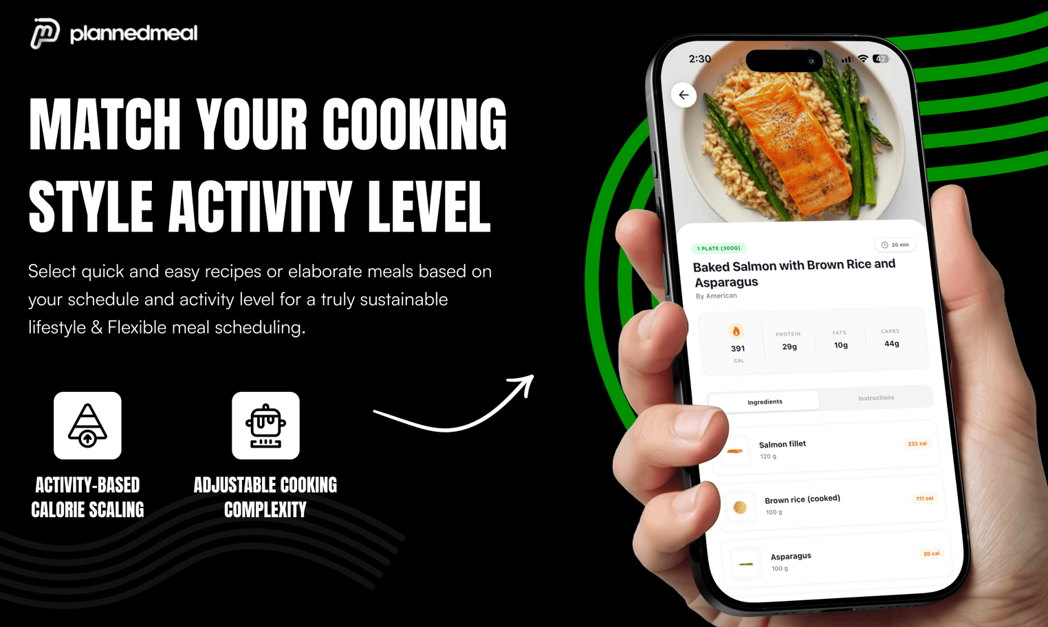 PlannedMeal recipe screen shown in a hand-held phone mockup