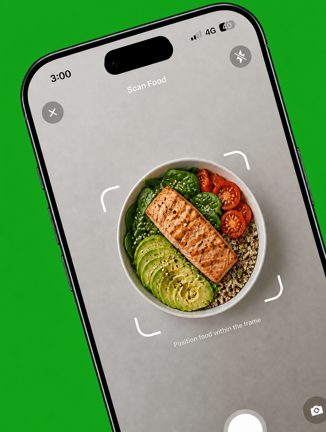 PlannedMeal Scan Food screen recognizing a salmon grain bowl
