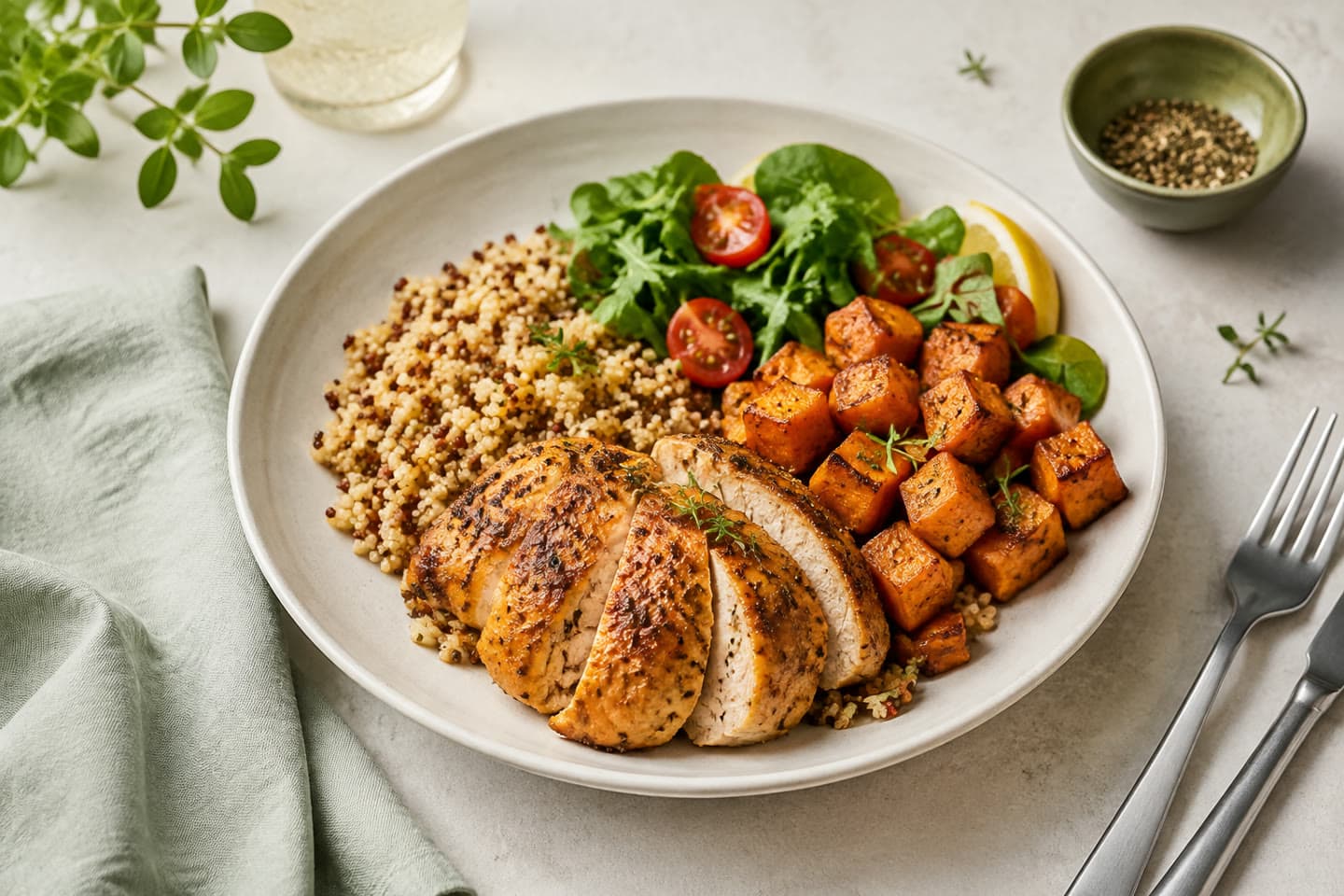Balanced chicken dinner with quinoa, greens, and roasted vegetables